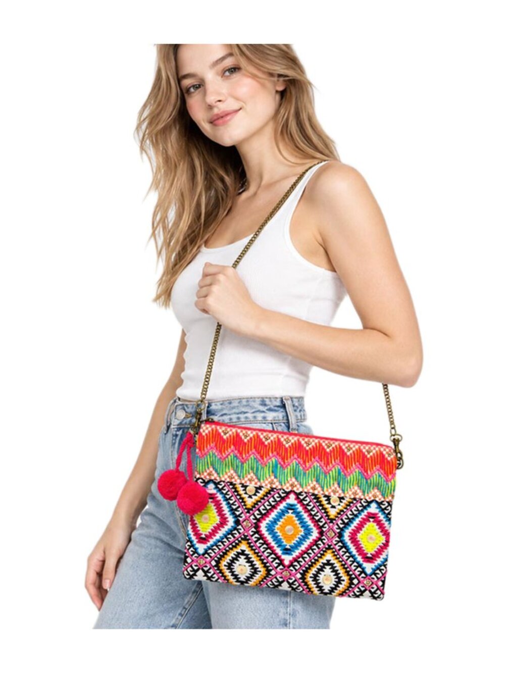 Tigerstars Boho Geometric Pattern Pom Pom Charm Accent Crossbody Bag